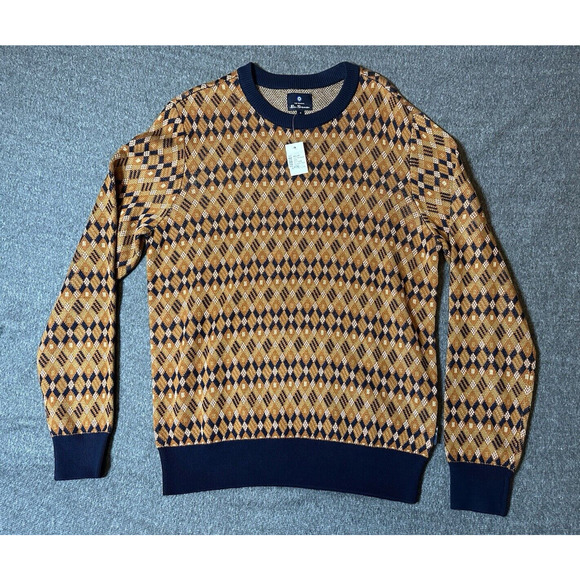 Ben Sherman Mens Medium Tan Blue Geometric Crew Neck Sweater Pullover NWT 80s - Picture 1 of 9